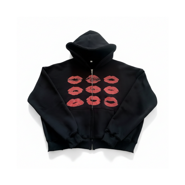 Black hoodie with red lip prints