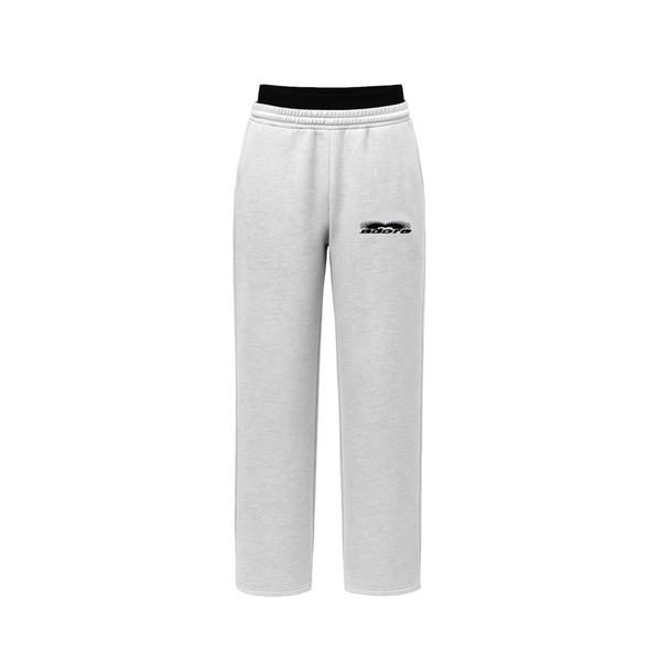 White sweatpants with a black logo