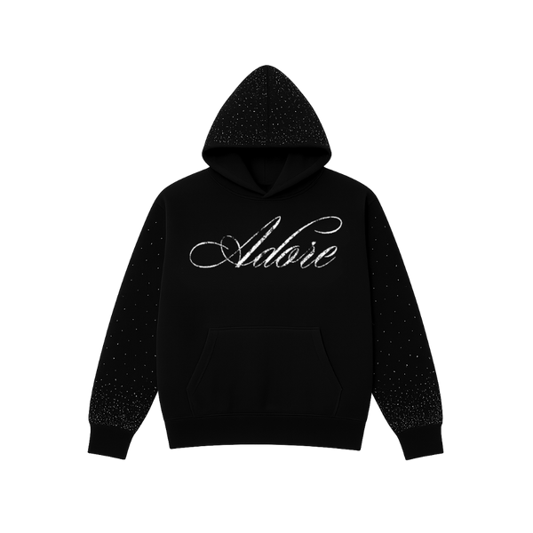 Black bussdown hoodie with 'Adore' logo